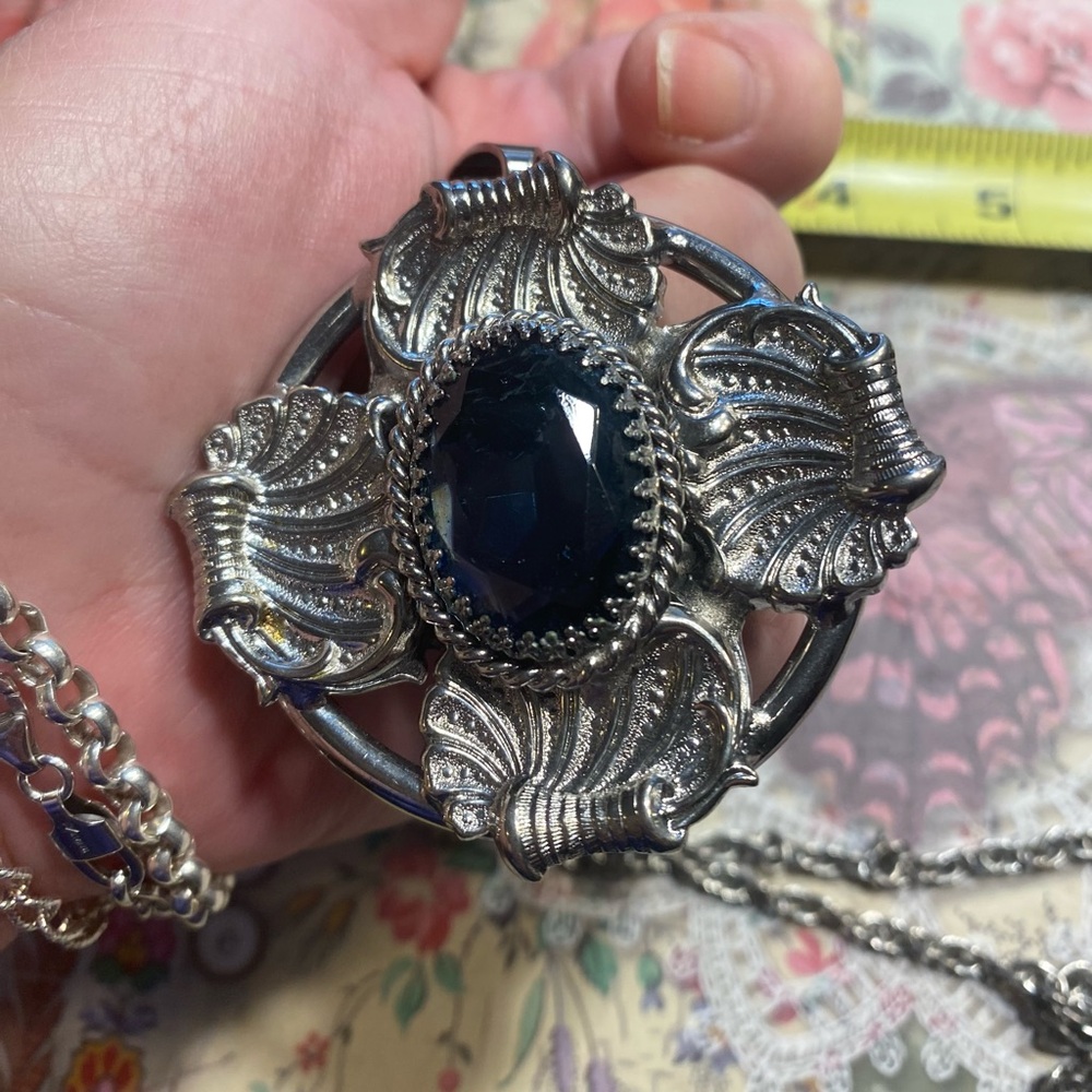 Vintage Ornate Renaissance Revival Pendant Sapphire Glass Cabochon Necklace